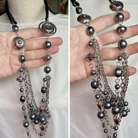 Necklace silver/gray beads black ribbon asymmetrical  jewelry - Picture 12 of 15